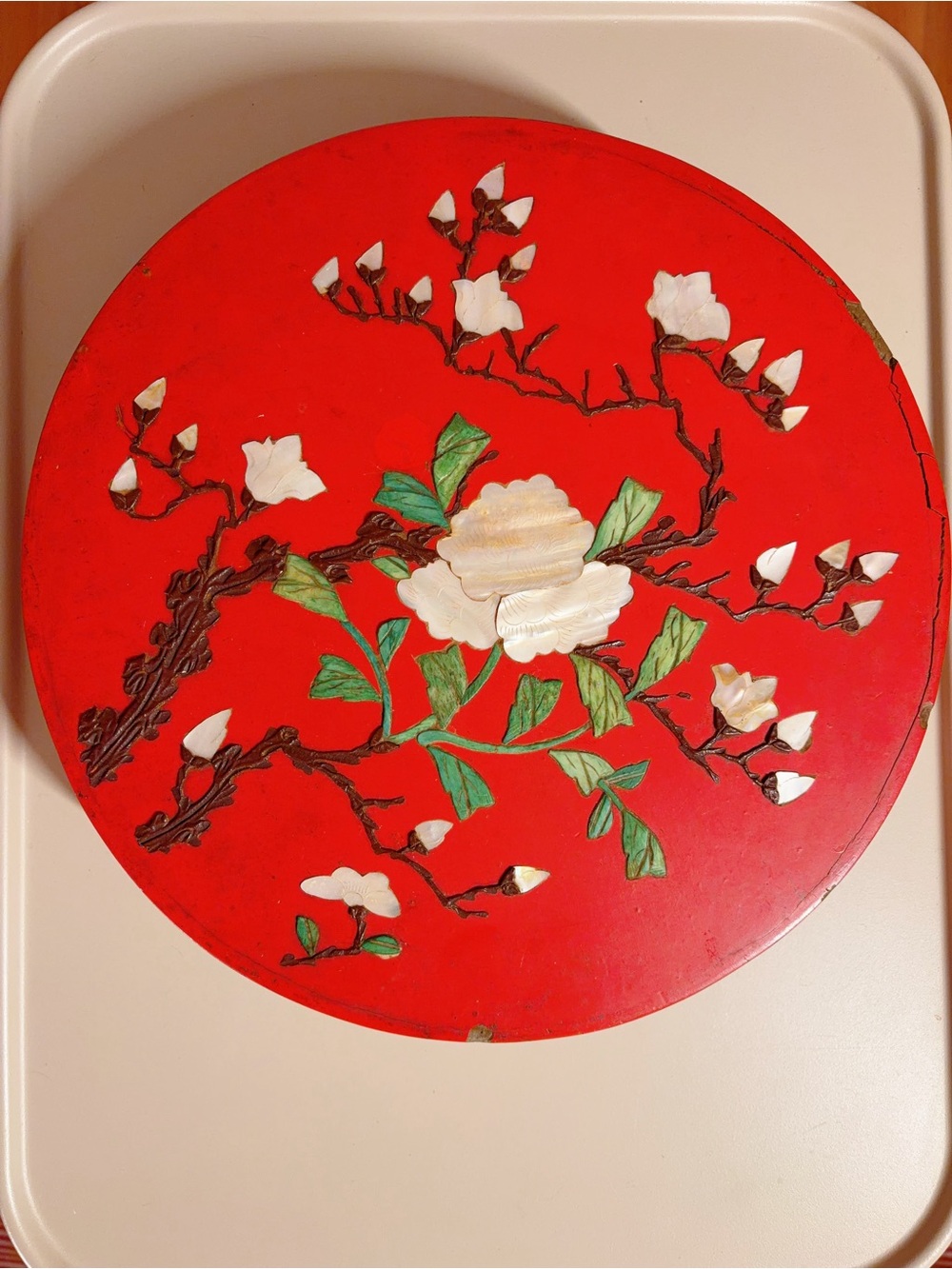 Vintage red lacquer mother of pearl divided candy box